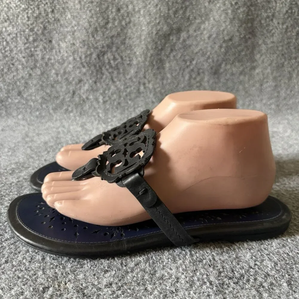 Tory Burch Miller Scalloped Blue Black Thong Sandals Slip-On Flat Cut-Out 10 M